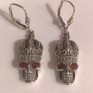 Royal Sterling Silver Skull Earrings with Garnet Eyes